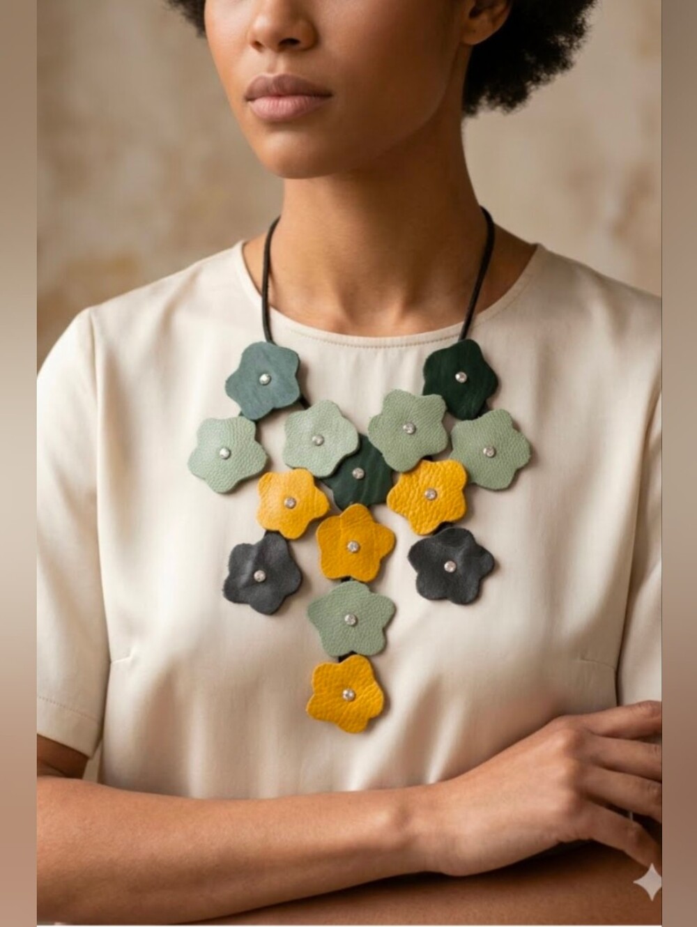 Handmade Leather 2D Statement Flower Necklace Pistachio Green Yellow